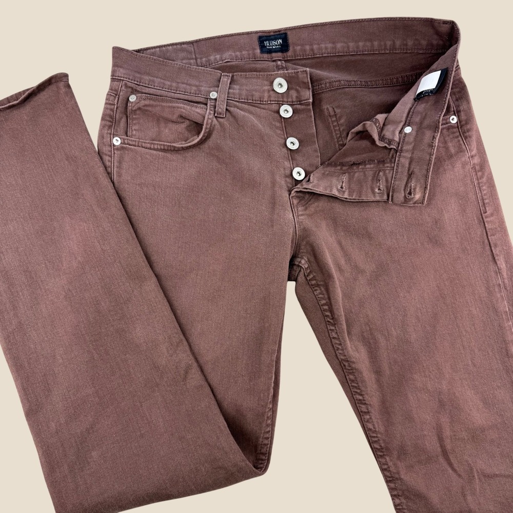 Hudson Mens Slim Straight Jeans Brown Button Fly Made in USA Size 34x33 Earthy
